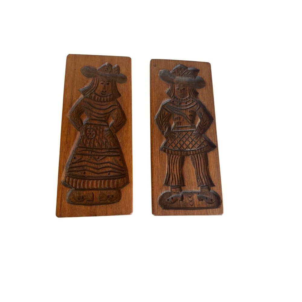 Vintage Hand-Carved Wooden Butter Molds With Folk Art Figures